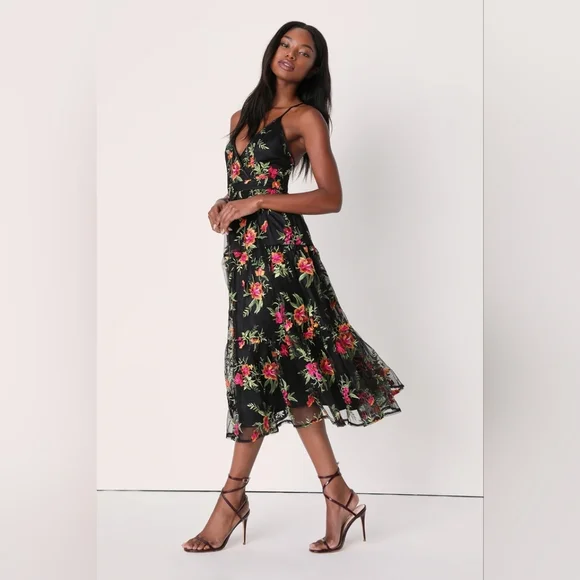 Lulus | Dresses | Lulus Garden Gathering Black Floral Embroidered Midi Dress  | Poshmark